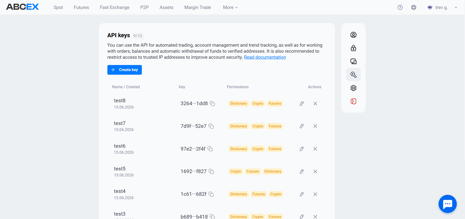 Profile → “API keys”: active key counter, “Create key” button and link to documentation API