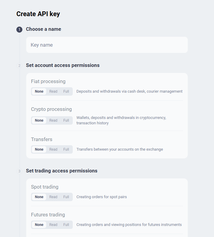 Creating a key: name, then access level separately for each category