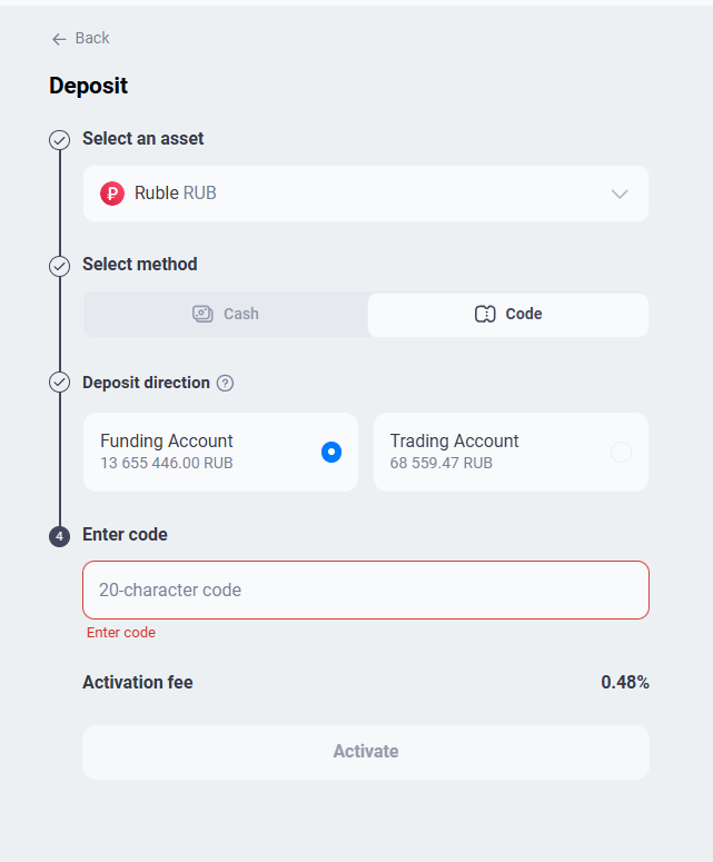 Deposit by code: asset, “Code” method, deposit direction, code field, and activation fee