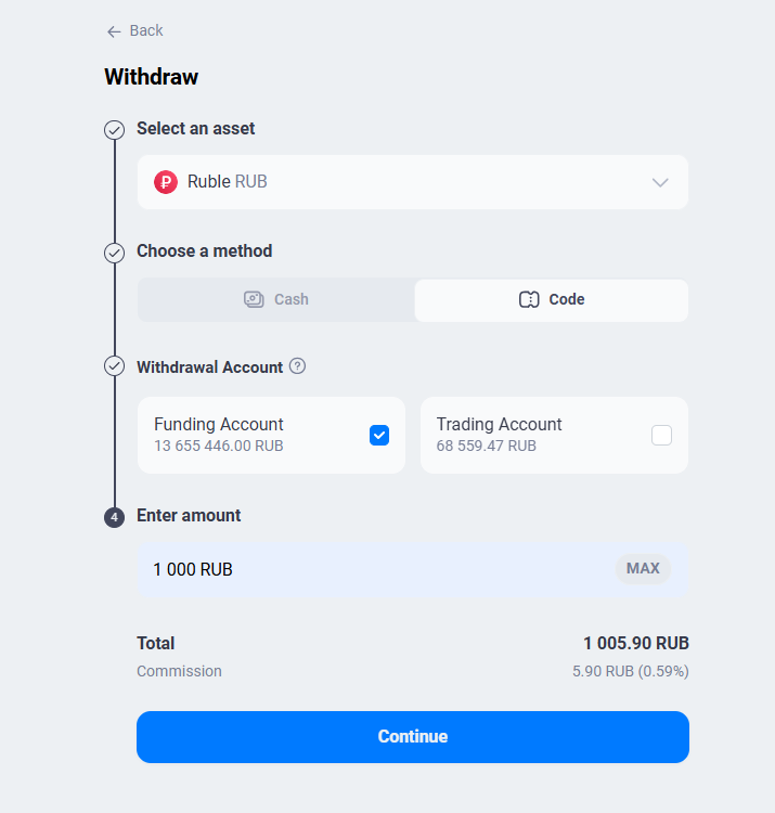 Withdrawal by code: asset, “Code” method, withdrawal account, amount, and total with commission
