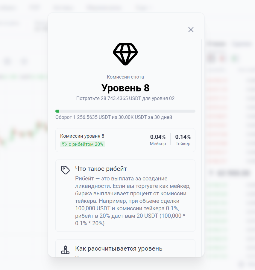 Окно \xabКомиссии спота\xbb: ваш уровень, ставка рибейта и комиссии мейкера/тейкера, с пояснением что такое рибейт