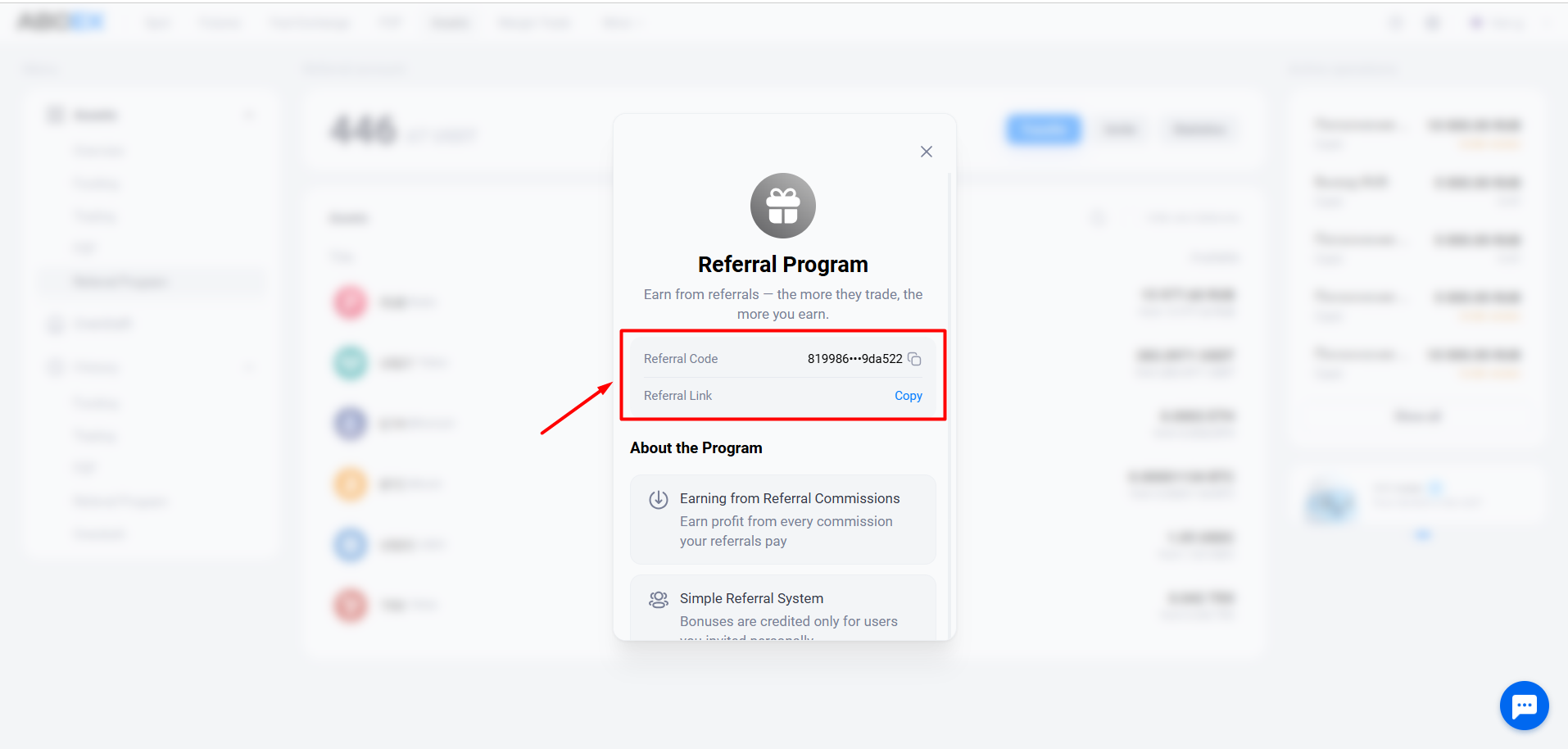 Referral code and link with the Copy button