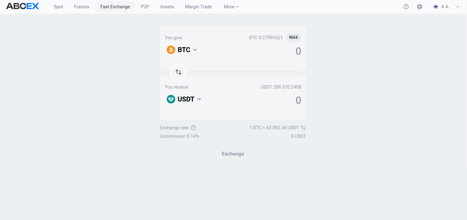 Quick Exchange tab: give, receive, rate, and fee
